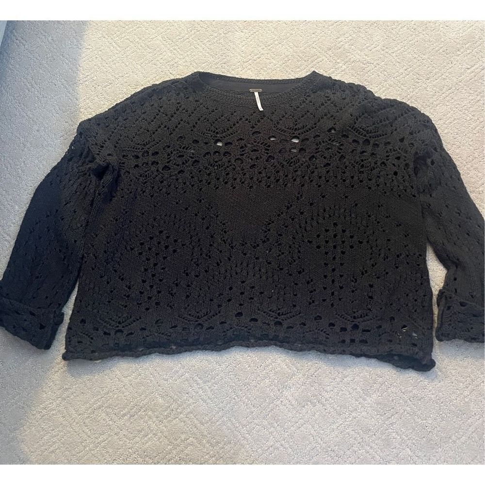 Free People Black Crochet Knit Crew Neck Sweater